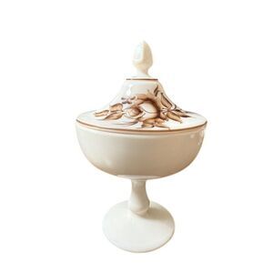 1980 Westmoreland Elegant Almond Milk Glass Signed Lidded Candy Dish Compote